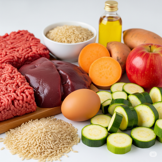 Caja de Receta de diezmillo de res y verduras frescas. Ración calculada para 2 porciones al día.